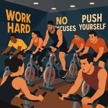 Duvarında motivasyon mesajları olan kapalı bir bisiklet sınıfında egzersiz yapan insanlar fitness ve sağlıklı yaşam tarzlarını resmetmek için uygundur..