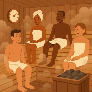 İnsanlar, havlulara sarılı geleneksel bir ahşap saunada sıcak buharın keyfini çıkarıyorlar; sağlıklı yaşam kavramları için ideal..