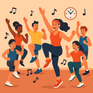 Sağlıklı yaşam tarzı ve egzersiz kavramları için harika müzik dinlerken birlikte spor yapan bir grup insan..