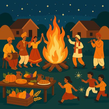 İnsanlar şenlik ateşinin etrafında yıldızlı bir gökyüzü altında yemek ve müzikle kültürel temalar için yapılan bu festival illüstrasyonunun tadını çıkarıyorlar..