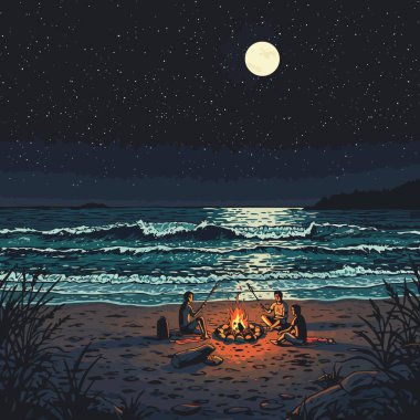 Bir grup gece kumsalda, ay ve yıldızların altında kamp ateşi etrafında toplanır. Rahatlatıcı bir açık hava teması için bunun tadını çıkarın..