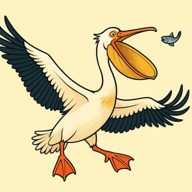 Açık gagalı ve kanatlı bir pelikanın eğitici ve kaprisli projeler için harika bir balık yakalama girişimi..