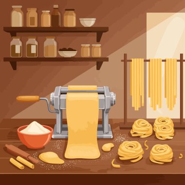 Elle yapılmış makarna makinesi ve ahşap masa üzerindeki diğer malzemelerle ev yapımı makarna yapmak yemek ve yemek blogları için mükemmel..
