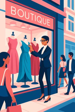 Takım elbiseli profesyonel bir kadın dükkan vitrininde yürüyen yayalarla elbise ayarlıyor. Moda illüstrasyonları için harika..