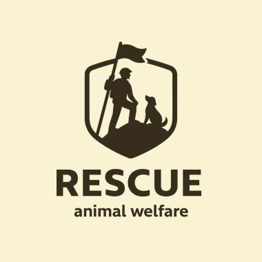 Siluet grafiği, dağların tepesinde elinde bir bayrak tutan köpeği olan bir kişinin hayvan refahını veya kurtarma temalarını resmettiğini gösteriyor..