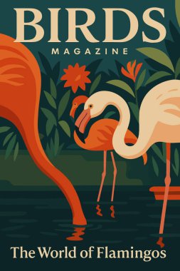 Pembe flamingo kuşlarının, hayvan doğası ya da dekoratif sanat eserleri için ideal bitkilerle çevrili olarak suyun içinde durduğu tasviri..