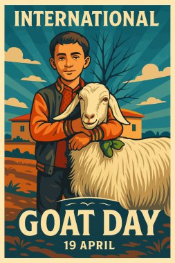 Uluslararası Keçi Günü 'nde bir keçiyi kucaklayan bir çocuğun tuhaf bir tasviri. Bu poster etkinlikleri tanıtmak için kullanılabilir..