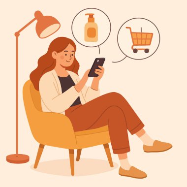 Kadın akıllı telefonunu internet üzerinden kişisel bakım ürünleri almak için kullanıyor. Modern e-ticareti ve rahatlamayı göstermek için mükemmel..