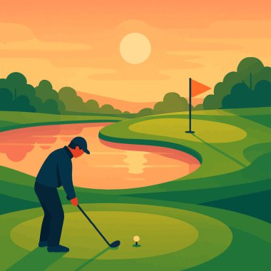 Suyun ve bayrağın yanında golf oynayan biri, sıcak günbatımı ışığı ile yıkanmış, golf içeriği ya da açık hava yaşam tarzı görüntüleri için kullanılıyor..