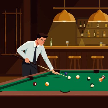 Barda bilardo oynayan bir adam yeşil masalı ve sıcak ışıklandırmalı, oyun çizimleri için mükemmel..