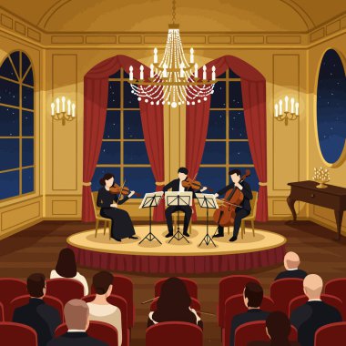 Şık konser salonundaki dikkat çeken izleyiciler için sahnedeki string orkestrası kültürel etkinlikleri veya gösterileri tanıtmak için mükemmeldir..