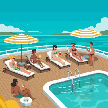İnsanlar havuz kenarında okyanus manzarasının tadını çıkarıyorlar. Tatil planlama ve reklam için mükemmel bir stok imajı..