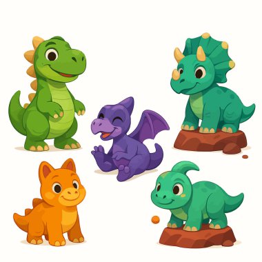 Canlı renklerde çeşitli türlere sahip sevimli bir grup dinozor çocuk tasarımları ve eğitim materyalleri için mükemmel..