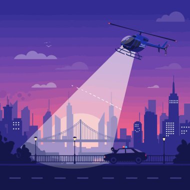 Gün batımında şehir manzarasını aydınlatan bir helikopter, resimsel amaçlar için dinamik ve çarpıcı bir vektör görüntüsü oluşturur..
