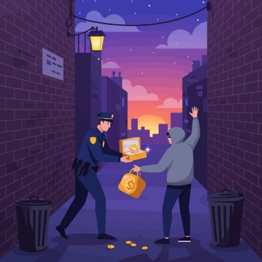 Polis memurunun elinde çalıntı mallar olan kapüşonlu bir suçluyu tutuklaması kanun ve adalet kavramını gözler önüne seriyor..