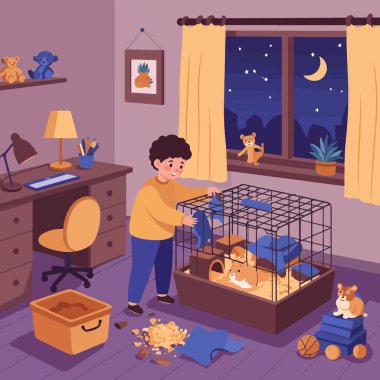 Bir çocuk geceleri odasında bir hamster kafesini temizliyor. Sorumluluk ve hayvan sahibi olmayı öneriyor..