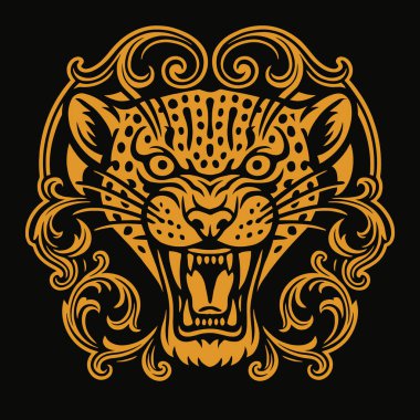 Yaratıcı tasarım projeleri için ideal, siyah bir arkaplana karşı açık ağızlı ve süs çerçeveli altın stilize leopar çizimi.