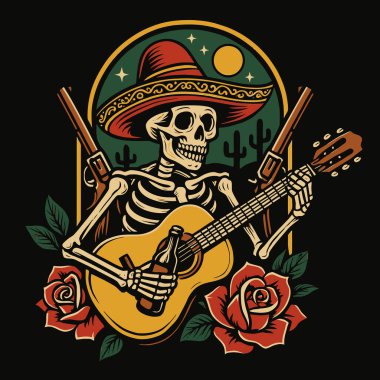 İllüstrasyon bir sombrero içinde silah ve güllerle gitar çalan bir iskelet gösteriyor; posterler ve dekoratif kullanım için uygun.