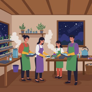 Bir aile akşamları bahçe işleri için birlikte bitki yetiştirir. Aile ve yaşam tarzı çizimleri için mükemmeldir..