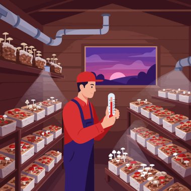 Bir işçi tarım ve gıda için ideal koşulları sağlamak amacıyla mantar yetiştirme tesisinin içindeki sıcaklığı kontrol eder..