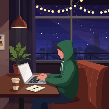 Bir kişi yıldızlı gece görüşü olan bir pencerenin yanında dizüstü bilgisayarda çalışır. Bu resim uzaktan çalışmayı göstermek için idealdir..