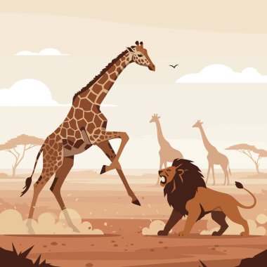 Afrika 'da vahşi yaşam ve doğa temalı tasarımlarda kullanılan bir zürafa, bir aslan gibi tekmeliyor..
