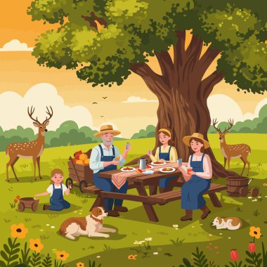 Geyikler yakınlarda otlarken ve köpekler çayırda dinlenirken bir aile dışarıda huzurlu bir öğle yemeği yiyor. Aile projeleri için bu illüstrasyonun tadını çıkarın..