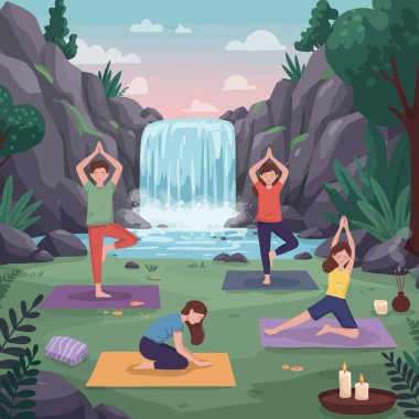 Şelalenin yanında yoga yapan insanlar rahatlık ve rahatlama temalı projeler için rahatlatıcı bir açık hava sahnesi yaratıyorlar..
