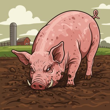 Pembe domuz çiftliğin karanlık topraklarında tarıma ve hayvan temasına uygun arka planda ahır ve silo kazıyor..
