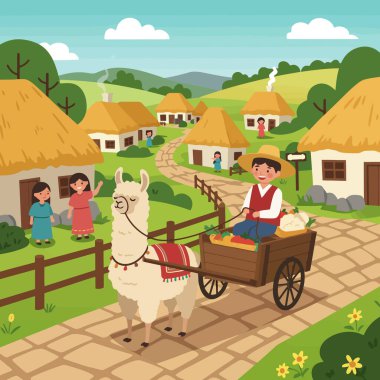 Llama, çocuk kitapları ve eğitim materyalleri için biçilmiş kaftan bir köy manzarasında sebze dolu bir araba çekiyor..