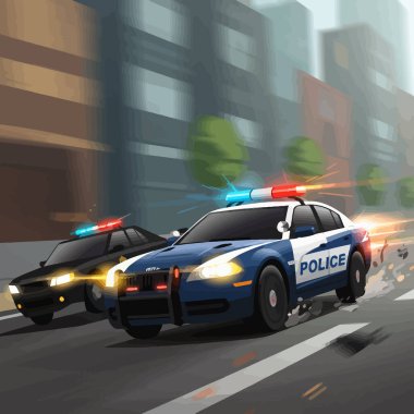 İki polis arabası şehirde takip ediyor. Işıklar yanıp sönüyor. Kolluk kuvvetleri ya da acil durumlar için harekete geçiyorlar..