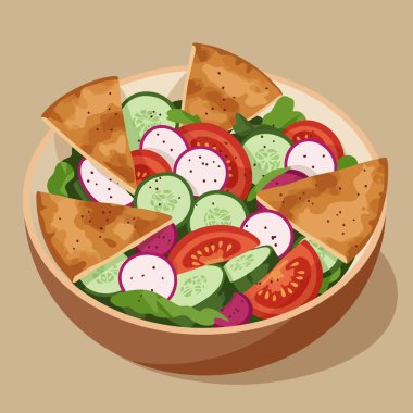 Taze sebzeli ve pide ekmekli renkli bir salata sağlıklı yemek promosyonları ve mutfak projeleri için hazır..