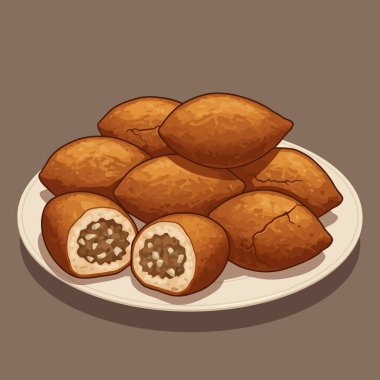 Lezzetli kızarmış kibbeh beyaz bir tabakta sunuluyor. Yemek pişirme veya tarif promosyonu için mükemmel bir illüstrasyon oluşturuyor..