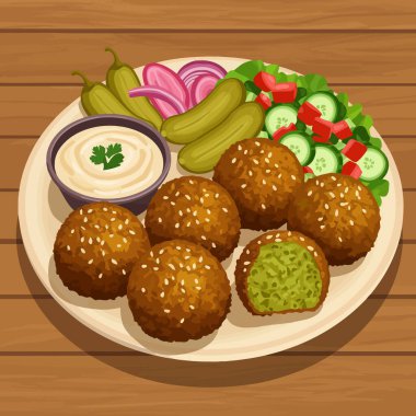 Salata, turşu, soğan ve soslu karikatür falafel tabağı sağlıklı ve lezzetli bir yemek seçeneği için lezzetli bir aperatif ya da meze olarak servis edilir..
