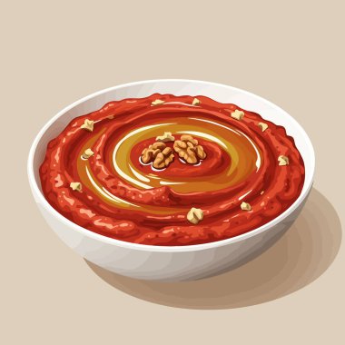 Beyaz bir kâsede sunulan cevizlerle süslenmiş kırmızı biber sosu yemek blogları ve mutfak tasarımları için harika bir aşçılık deneyimi sunuyor..