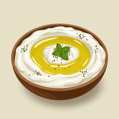 Bir kase kremalı yoğurt sosu zeytinyağı ve taze nane ile kaplıdır. Bu illüstrasyon yemek blogları ya da tarif tasarımı için harikadır..