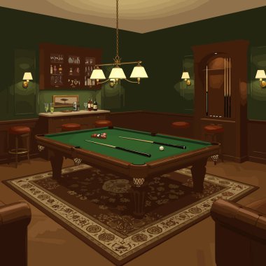 Bilardo masası ve bar düzeneği olan klasik bir bilardo odası oyun gecesi için hazır. Ev dekorasyonu ve eğlence için mükemmel..