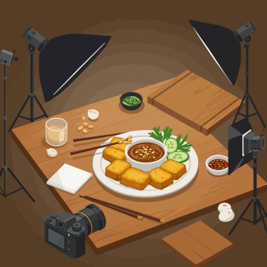 Fotoğrafçılık ekipmanlarıyla çevrili tofu yemeklerinin ve sosların Isometric vektör çizimi bloglar veya tarifler için içerik oluşturulmasını öneriyor.