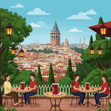 İnsanlar şehir manzaralı ve sembolik kule simgeli kafe masalarında çay içmeyi severler. Seyahat ve boş zaman çizimleri için mükemmeldir..