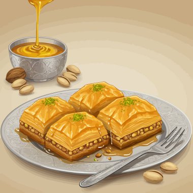 Bal serpiştirilmiş altın baklava fındıklı dekoratif bir tabakta oturur. Yemek blogları ve görseller için idealdir..