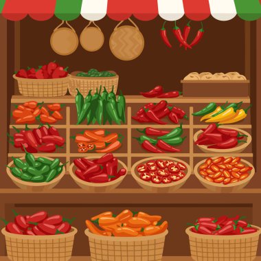 Yemek blogları ve yemek tasarımları için ideal sepetlerde çeşitli renkli biberlerin sergilendiği bir pazar tezgahı tasviri.