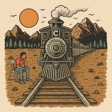 Tren raylarının yanında oturmuş güneşli gökyüzünün altında buhar makinesine bakan bir kişinin tasviri Seyahat temalı projeler için kullanın.