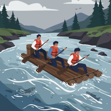 Akan bir nehirde üç adam rafting yapıyor. Manzaralı bir zemin var. Bu resim macera ve takım çalışması için harika..