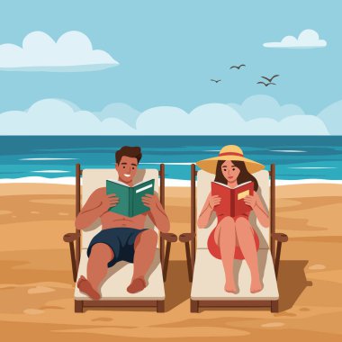 Bir çift plaj sandalyelerinde dinlenirken kitap okuyor güneşli sahil havasının tadını çıkarıyor. Tatil ve rahatlama temalarını kullanın..
