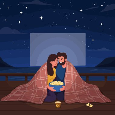 Samimi bir çift dışarıda battaniyeye sarılı bir film izliyor, yıldızlı bir gecede patlamış mısır yiyor. Randevu geceleriyle ilgili çizimler için mükemmel..