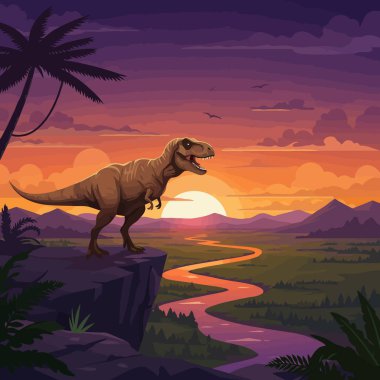 Çizgi film dinozoru yüksek bir uçurumda durur ve gün batımında yeşil arazide kıvrılan nehri seyreder. Tarih öncesini resmetmek için mükemmeldir..