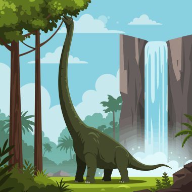 Büyük bir dinozor, şelalenin yakınındaki yaprakları yer. Çocuk kitapları ve eğitim kaynakları için harika bir ortam hazırlar..