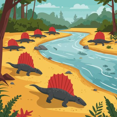Bir grup Dimetrodon dinozoru tarih öncesi bir ormanda dolambaçlı bir nehrin kenarında yürüyor. Eğitim kaynakları ve doğa için mükemmel bir ortam..