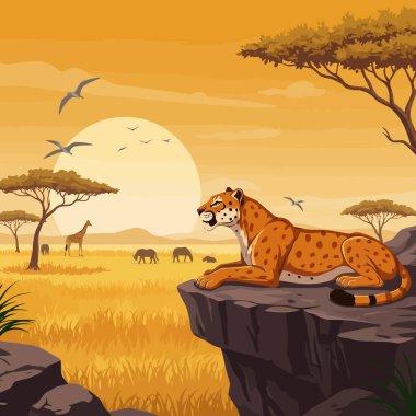 Çita kayalık bir uçurumun tepesinde vahşi yaşam ve Afrika temalı tasarımlar için mükemmel savanalı ve günbatımlı manzarayı izliyor..
