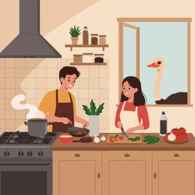 Bir çift mutluca mutfakta yemek hazırlarken, bir devekuşu merakla pencereden bakar. Aile anlarını resmetmek için birebir..